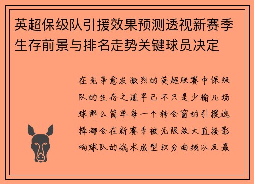 英超保级队引援效果预测透视新赛季生存前景与排名走势关键球员决定